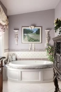 Large lavender and white tile bathroom with decadent soaking tub
