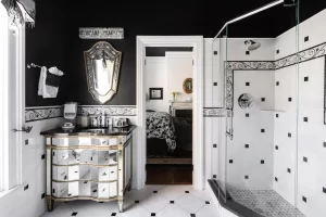 Stunning black and white tile bathroom with shower