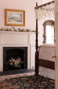 Canopy bedroom fireplace detail