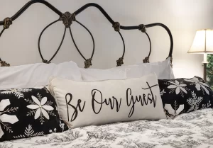 The Loft closeup of bedding and headboard