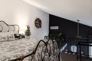 The Loft view from bedroom overlooking living room area