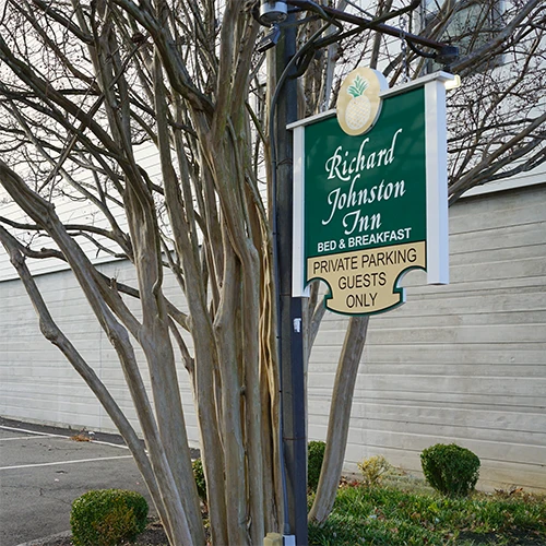Private Parking sign and landscaping at The Richard Johnston Inn