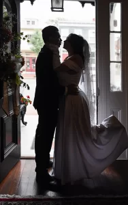 Silhouette of couple getting married in Fredericksburg VA at 1890 Caroline House
