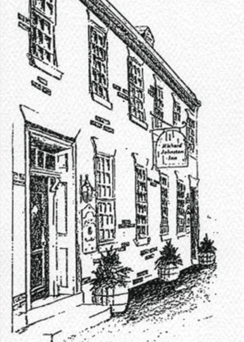 Etching of The Richard Johnston Inn in black and white